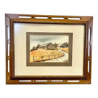 1970s Vintage Impressionist Arts & Crafts Farmhouse Original Watercolor Painting, Two Barns Landscape For Sale