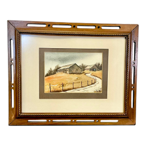 1970s Vintage Impressionist Arts & Crafts Farmhouse Original Watercolor Painting, Two Barns Landscape