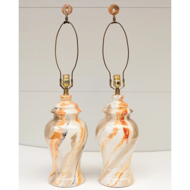 Hollywood Regency Mid 20th Century Marbled Ceramic Table Lamps - a Pair For Sale - Image 3 of 6