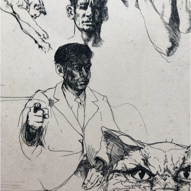1965 Sigmund Abeles Self Portrait With Cats Etching For Sale - Image 6 of 9