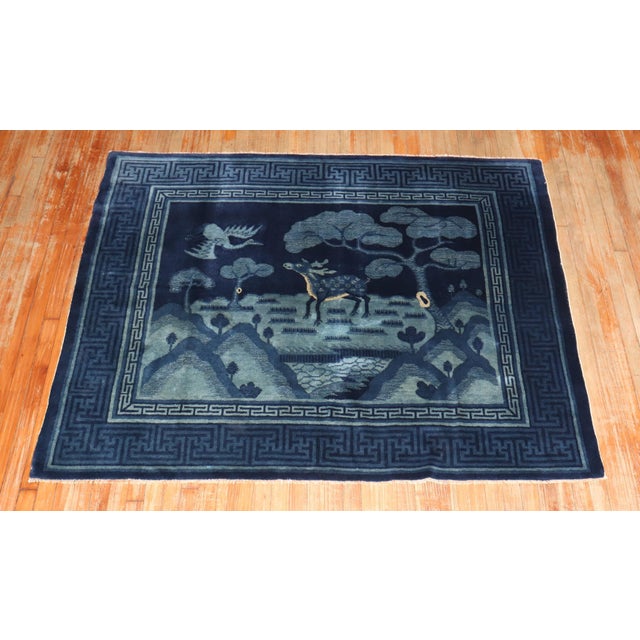 Early 20th Century Zabihi Collection Chinese Blue Deer Bird Pictorial Landscape Rug - 4'10" x 6'2" For Sale In New York - Image 6 of 8