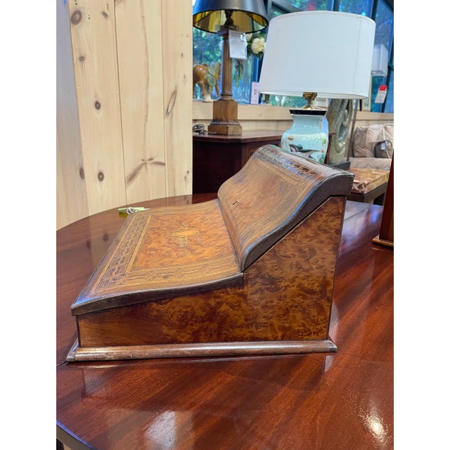 Traditional Vintage Burlwood Portable Writing Desk With Inlaid Medallion For Sale - Image 3 of 7