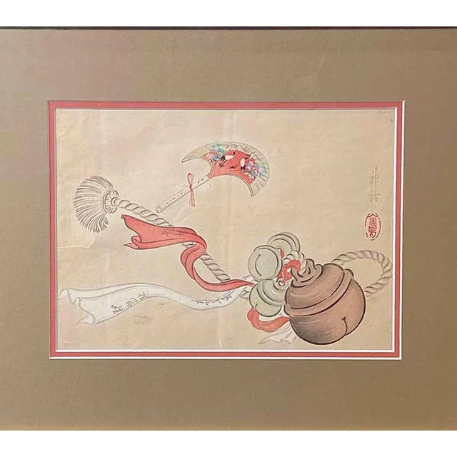 Mid 19th Century 19th Century Japanese Woodblock Print Depicting a Ceremonial Tassel and Fan For Sale - Image 5 of 8