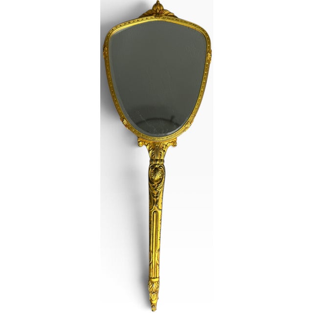 Vintage French Rococo Style Guilloche Enamel Vanity Hand Mirror with Hand-Painted Limoges Style Porcelain Rose Medallion...