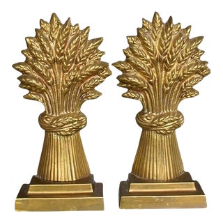 Brass Hollywood Regency Sheaf of Wheat Bookends or Door Stops - a Pair For Sale