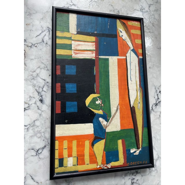 Catskills, NY mid century modern painter Oliver Green Oil painting on board with black metal frame.
