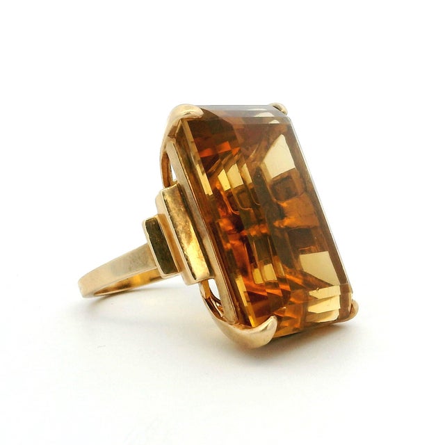 Canary Yellow Vintage FFF Emerald-Cut Citrine Ring in 14k Yellow Gold, Size 6.75 For Sale - Image 8 of 12