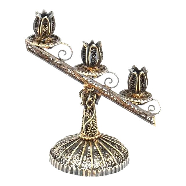 Vintage Miniature Gilt Silver Filigree Candelabrum For Sale