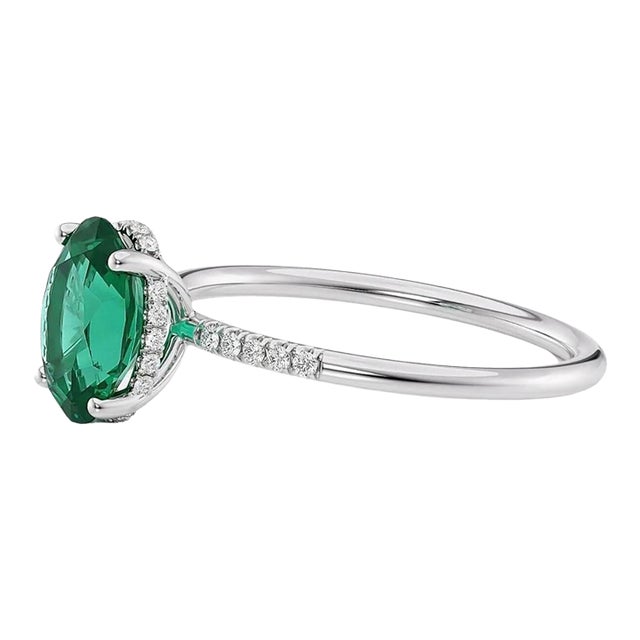 1.25 Ct Oval Cut Natural Emerald & 0.85 Ct Natural Diamond Halo Engagement Ring For Sale
