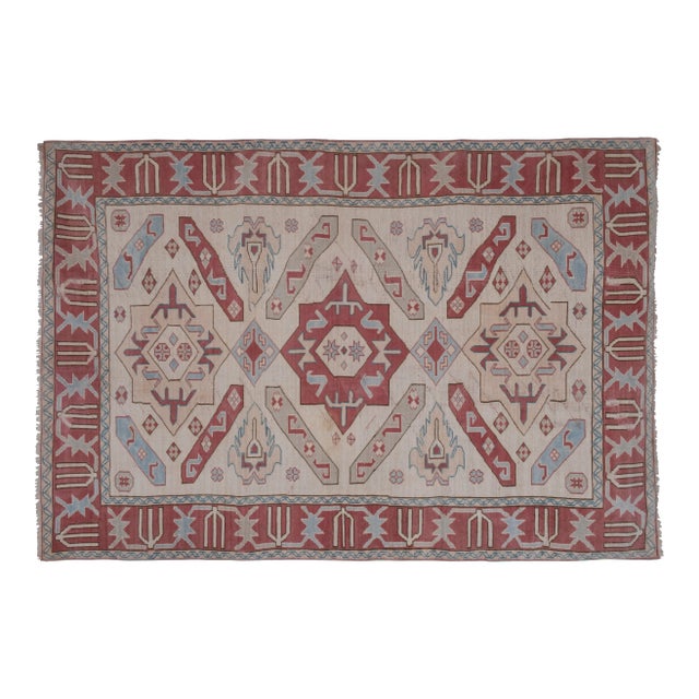 Turkish Oushak Rug With Mid-Century Modern Style in Soft Muted Colors 5'9" X 8'5" For Sale