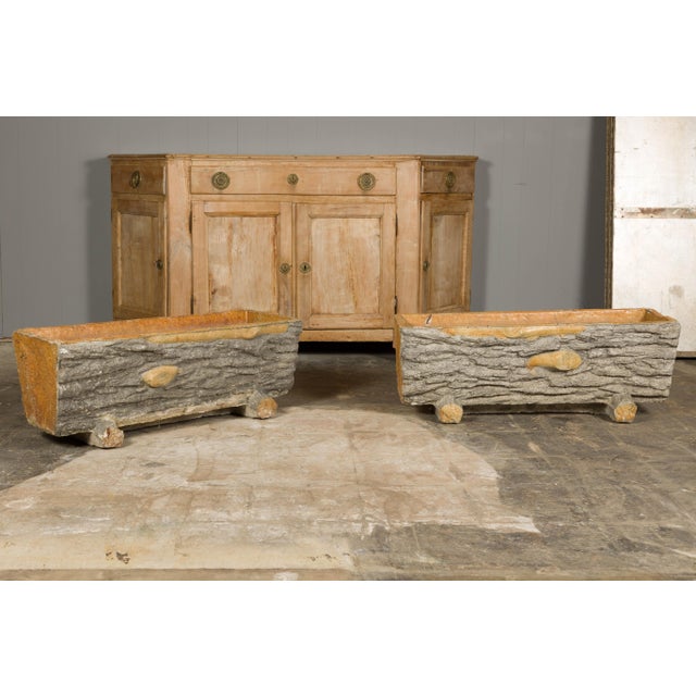 Rustic Pair of Faux Bois Midcentury Trough Shaped Concrete Planters, circa 1930 For Sale - Image 4 of 12