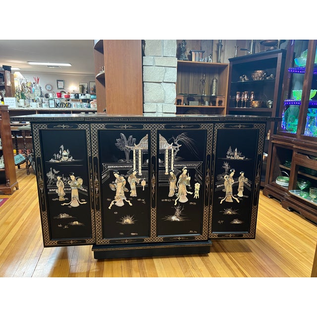 Vintage Chinese Export Black Lacquer Mother-of-Pearl Folding Bar Cabinet, C. 1950s For Sale - Image 10 of 12