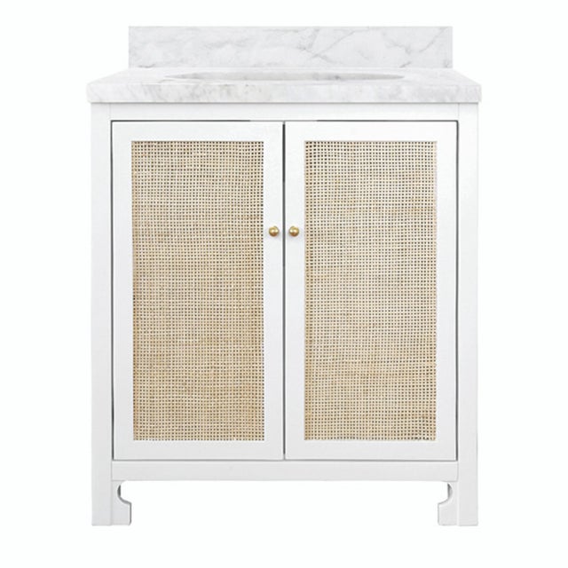 Wood Matthew Izzo Home Boyd Matte White Lacquer Single Porcelain Sink Bath Vanity, Carrara Marble Top & Backsplash With 2 Caned Doors and Brass Knobs For Sale - Image 7 of 7