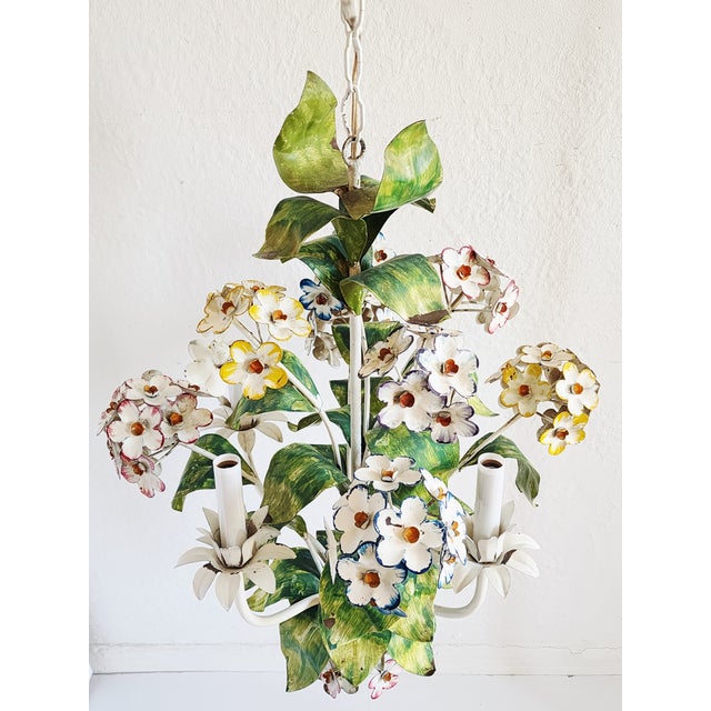 1950s Vintage Italian Handpainted Foral Motif Tole Chandelier For Sale - Image 5 of 18