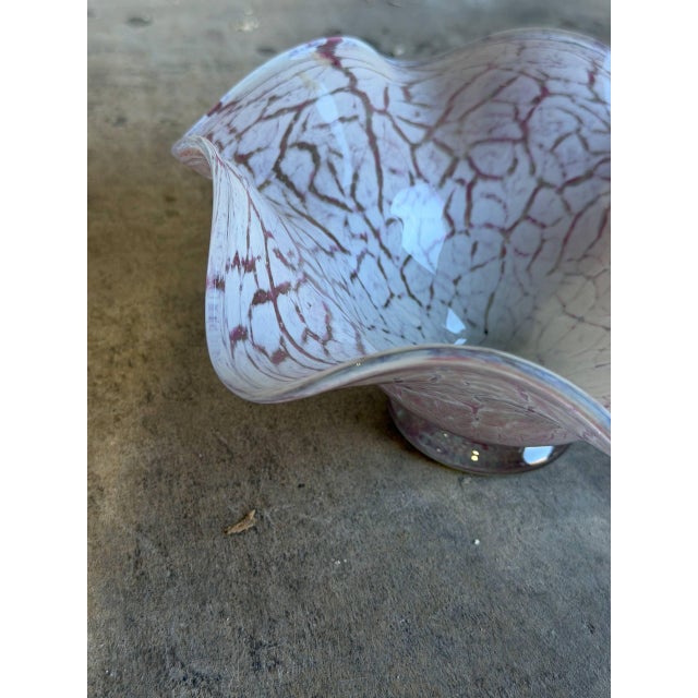 Ruffled Art Glass Centerpiece Bowl Pink and White Mottled Murano Style 1970s For Sale - Image 4 of 10