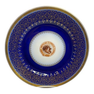 Rare Antique American Express Blue and White Advertising Cabinet Plate Watchdog Logo Onondaga Pottery Syracuse, China For Sale