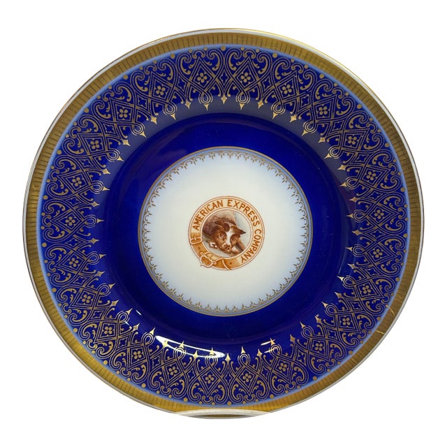 Rare Antique American Express Blue and White Advertising Cabinet Plate Watchdog Logo Onondaga Pottery Syracuse, China For Sale