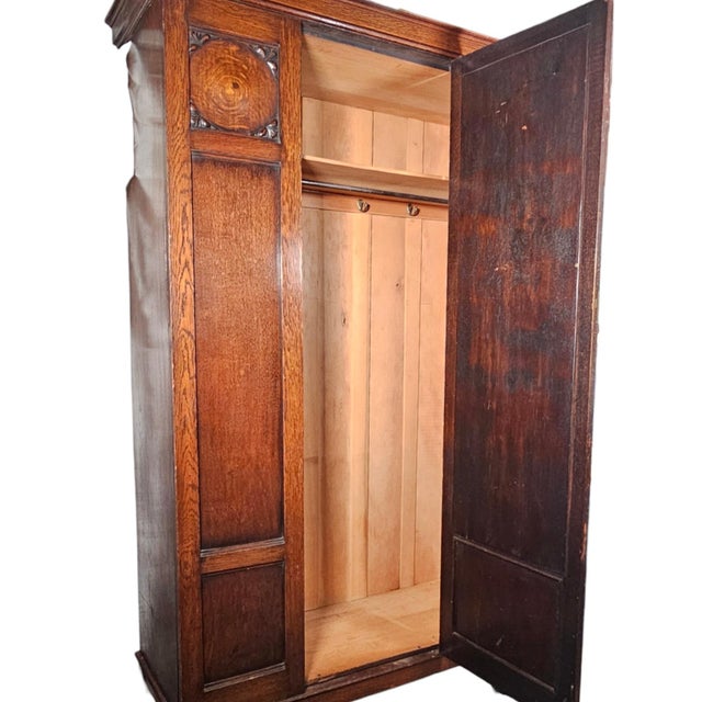 Arts & Crafts Carved Oak Wardrobe Armoire With Mirror Door, 76" For Sale - Image 4 of 15