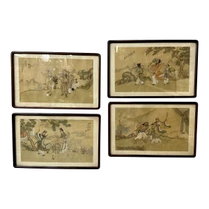 Set of Four Chinese Paintings in Rosewood Frames, Signed, 19th Century