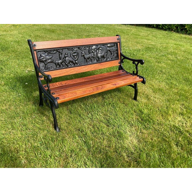 Childrens Safari Animals Themed Hand Painted Cast Iron & Mahogany Garden Bench For Sale - Image 5 of 11