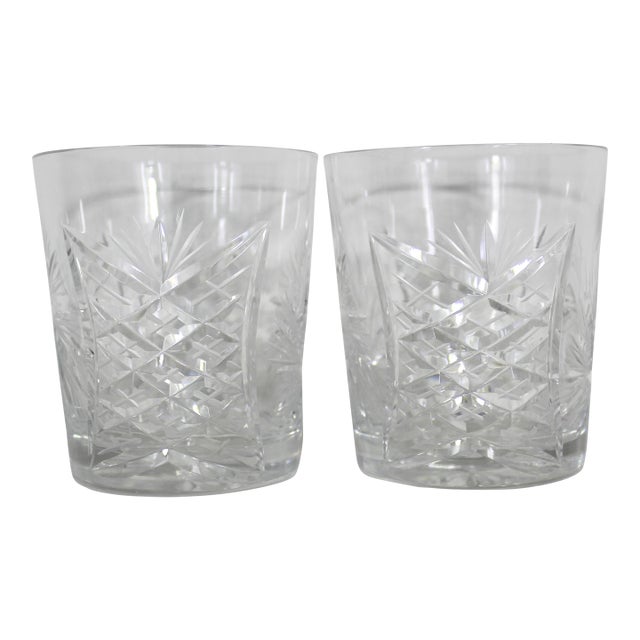 Pair of Cut Crystal Pineapple and Pinwheel Whiskey Glasses Rocks Glasses With Starburst Bottom- Set of 2 For Sale