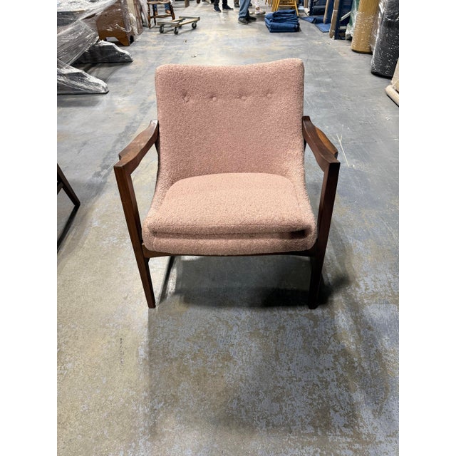Pink Mid-Century Modern Style Lounge Chairs - Solid Walnut Frames with Pink Boucle For Sale - Image 8 of 13