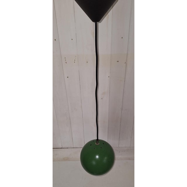 Vintage German Hanging Lamp with Green Spherical Metal Shade and White Aluminum Reflector, 1970s For Sale - Image 4 of 7