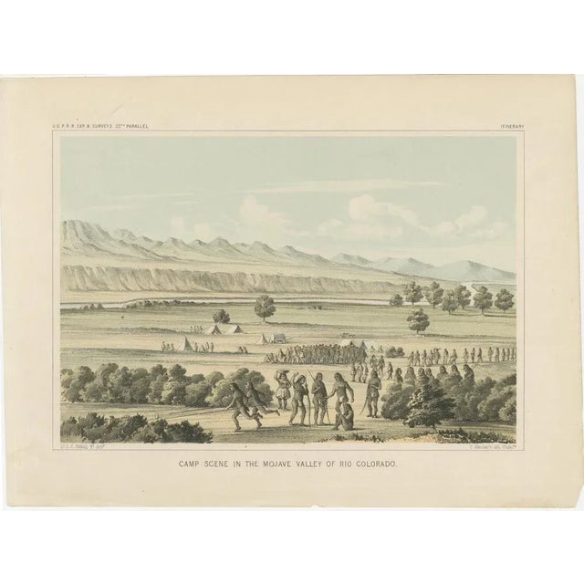 Title: Vibrant Camp Scene in the Mojave Valley of Rio Colorado : This beautiful lithograph depicts a dynamic camp scene in...