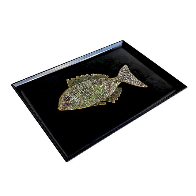 Mid 20th Century Couroc of Monterey Tray With Brass, Turquoise and Stone Inlay Fish For Sale - Image 13 of 15
