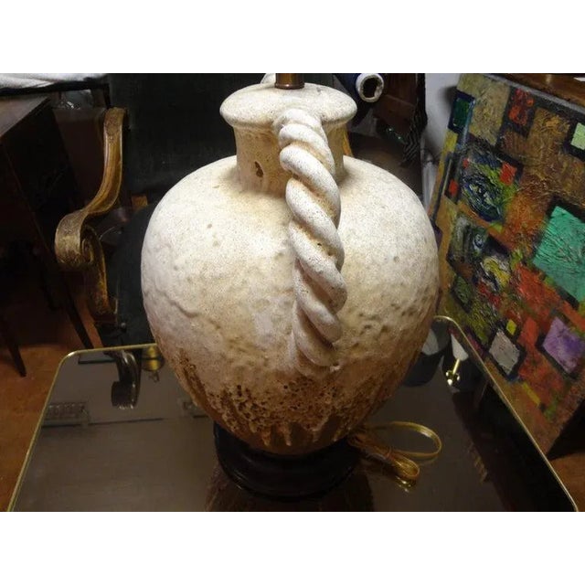 1960s Large Italian Drip Glaze Pottery Lamp With Twisted Handles Attributed to Fantoni For Sale - Image 5 of 11