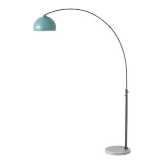 1960s Half Dome Mid Century Floor Lamp - 92" Modern Arc Lamp, Pool Blue Shade Black Nickel Finish, White Marble Base For Sale