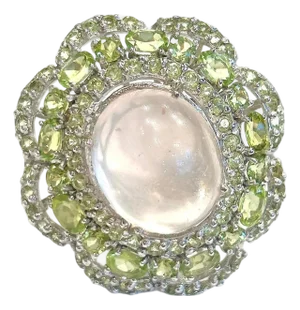 Bochic "Capri" Vintage Pink Quartz & Paridot Cocktail Ring 18K Gold & Silver