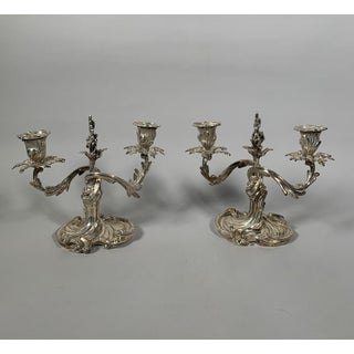 Pair of Rococo Style Silvered Bronze Candelabra, 19th Century, Louis XV Style For Sale