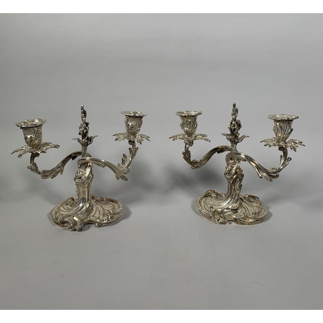 Pair of Rococo Style Silvered Bronze Candelabra, 19th Century, Louis XV Style For Sale