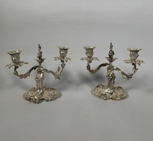 Pair of Rococo Style Silvered Bronze Candelabra, 19th Century, Louis XV Style