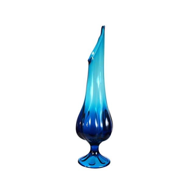 Exquisite modern tall pedestal Le Smith Viking swung vase blue art glass Vase. It is a stunning piece to enhance any home,...