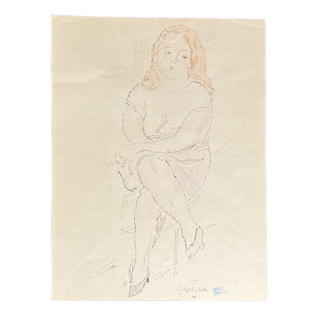 Jules Pascin, Young Woman Seated, Original Mixed Media Drawing For Sale