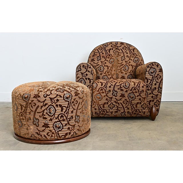 Wood Early 20th Century French Art Deco Upholstered Armchair and Ottoman For Sale - Image 7 of 18