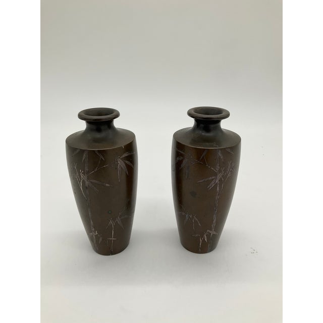 Vintage Japanese Silver Inlaid Bamboo Design Bronze Vase Set of 2 Meiji Period For Sale - Image 4 of 17