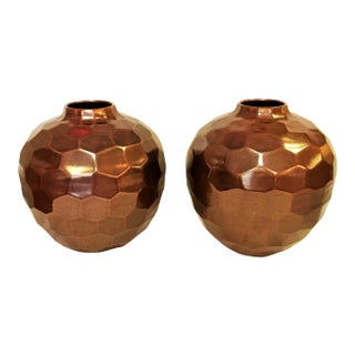 Large Geometric Honeycomb Style Ceramic Vases With Copper Glaze- a Pair For Sale