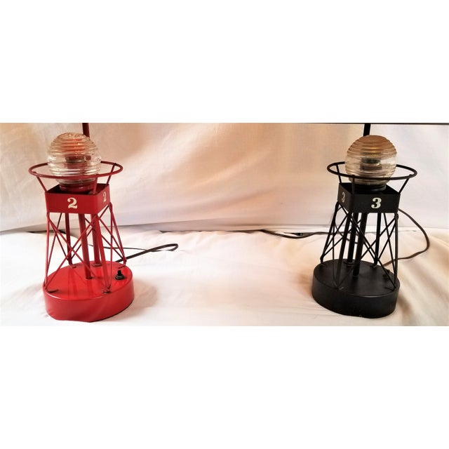Very Rare Vintage Channel Marker Buoy Lamps With Nautical Chart Shade
