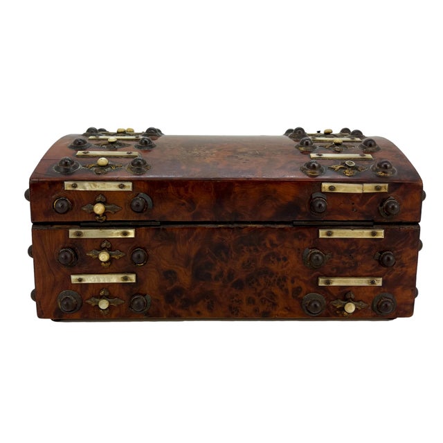 Burl Walnut and Brass Dome-Top Box With Mother-Of-Pearl, English, Ca. 1860 For Sale - Image 4 of 9