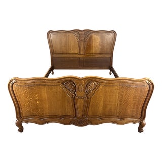 Vintage French Louis XVI Style Oak Double Bed Frame with Carved Headboard For Sale