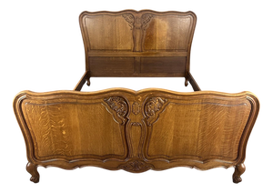 Vintage French Louis XVI Style Oak Double Bed Frame with Carved Headboard