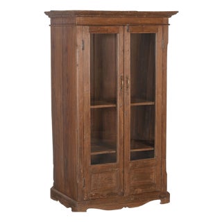 Antique Wood Glass Cabinet | Vintage Indian Armoire | Carved Teak Wood Display Cabinet | Rustic Home Decor For Sale
