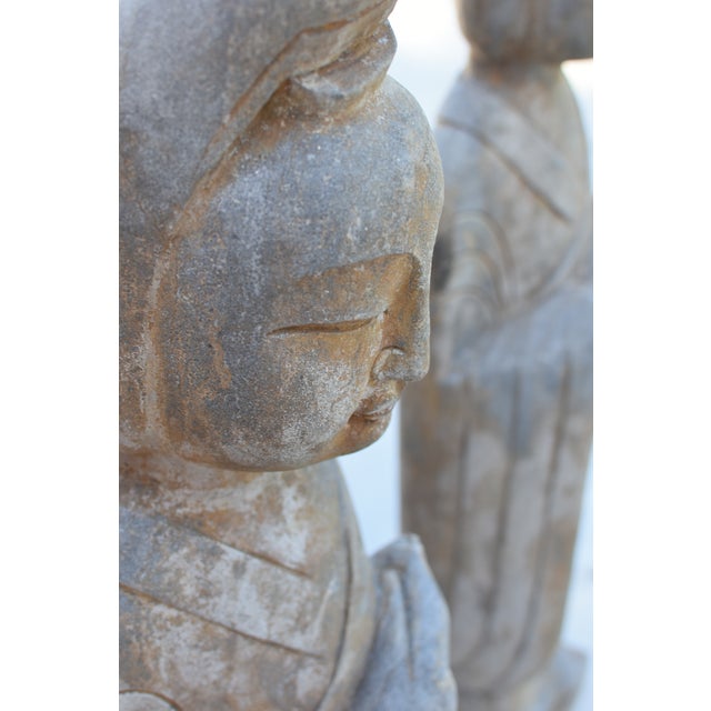 Pair Monumental Antique 48" Solid Stone Chinese Court Lady Figure Statues Tang Style For Sale - Image 18 of 18