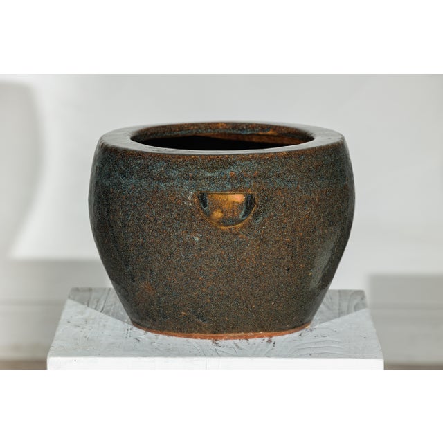 Brown Vintage Chinese Brown and Blue Speckled Planter with Wide Opening For Sale - Image 8 of 18