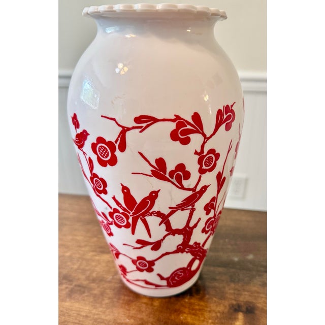 1940s ‘ Birds and Cherry’ Blossom Milk Glass Vase For Sale - Image 9 of 11