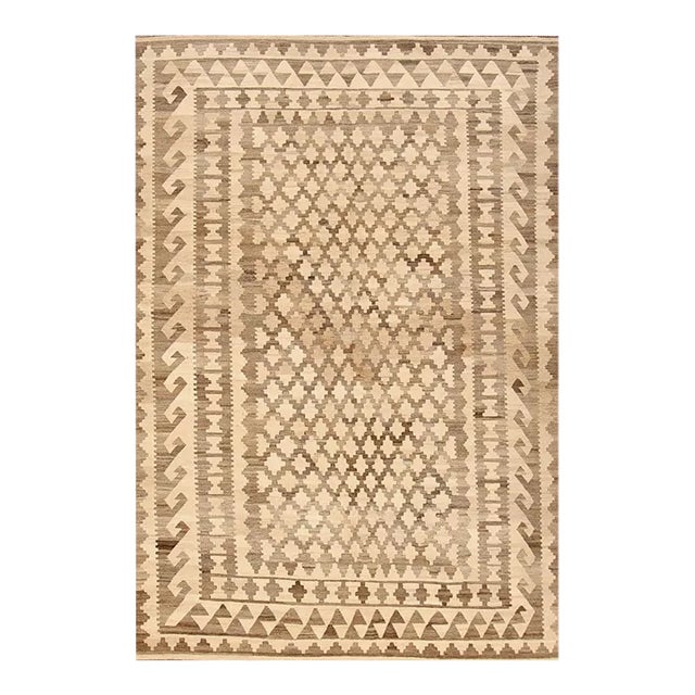 Modern Kilim Handmade Beige Geometric Wool Rug For Sale