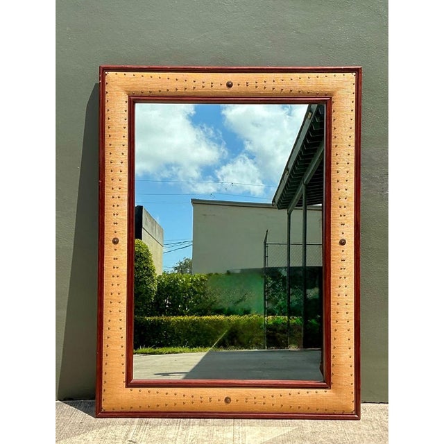 Mid-Century Modern Vintage Seagrass Studded Wood Floor Mirror For Sale - Image 3 of 15